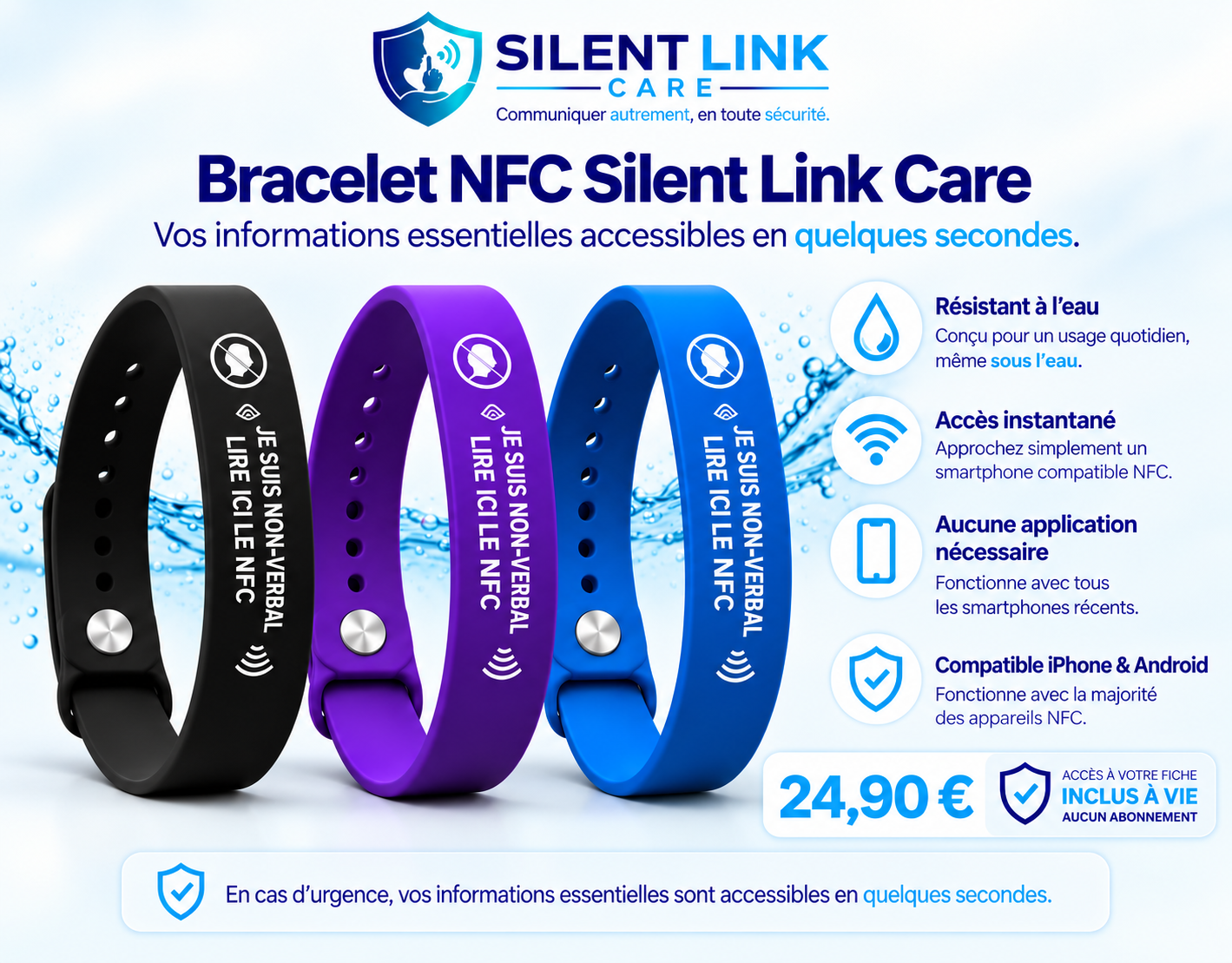 Bracelets NFC Silent Link Care noir, violet et bleu